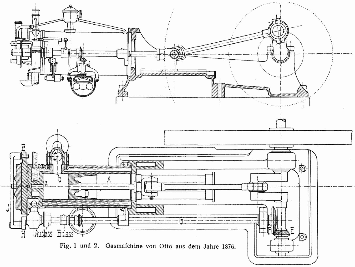 Gaskraftmaschine von 1876, Abbildung aus dem Lexikon der gesamten Technik 1904 Otto_150_04